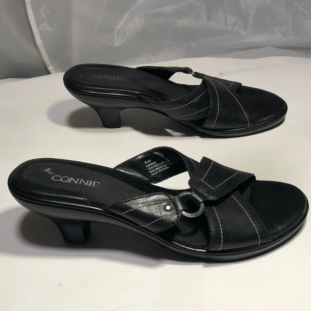 Connie Women's Wiggle Black Heeled Leather Mules, Size 9 1/2” M - Picture 5 of 16